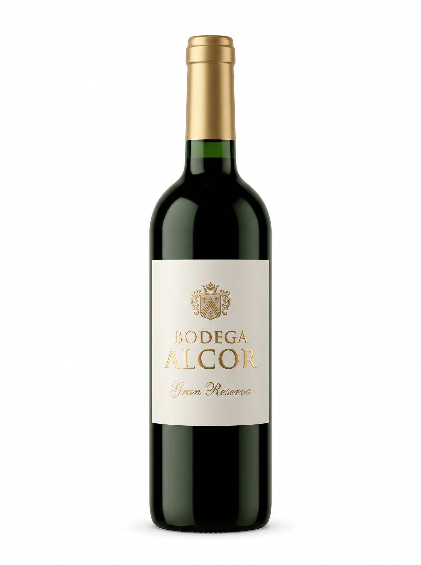 Botella de vino con etiqueta premium Bodega Alcor Gran Reserva