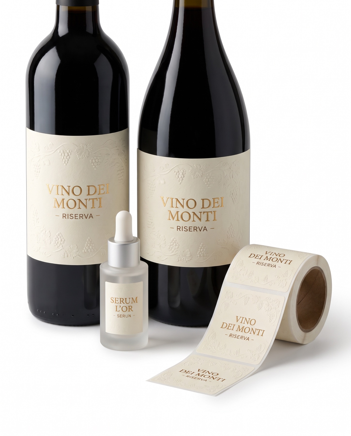 Botellas de vino y sérum con etiquetas autoadhesivas en oro y relieve junto a una bobina