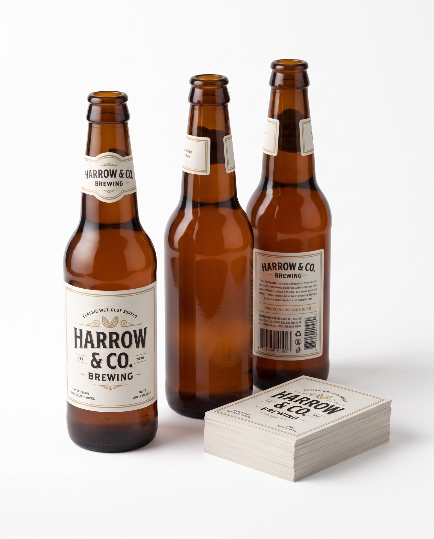 Botellas de cerveza ámbar con etiquetas de papel de aplicación con cola