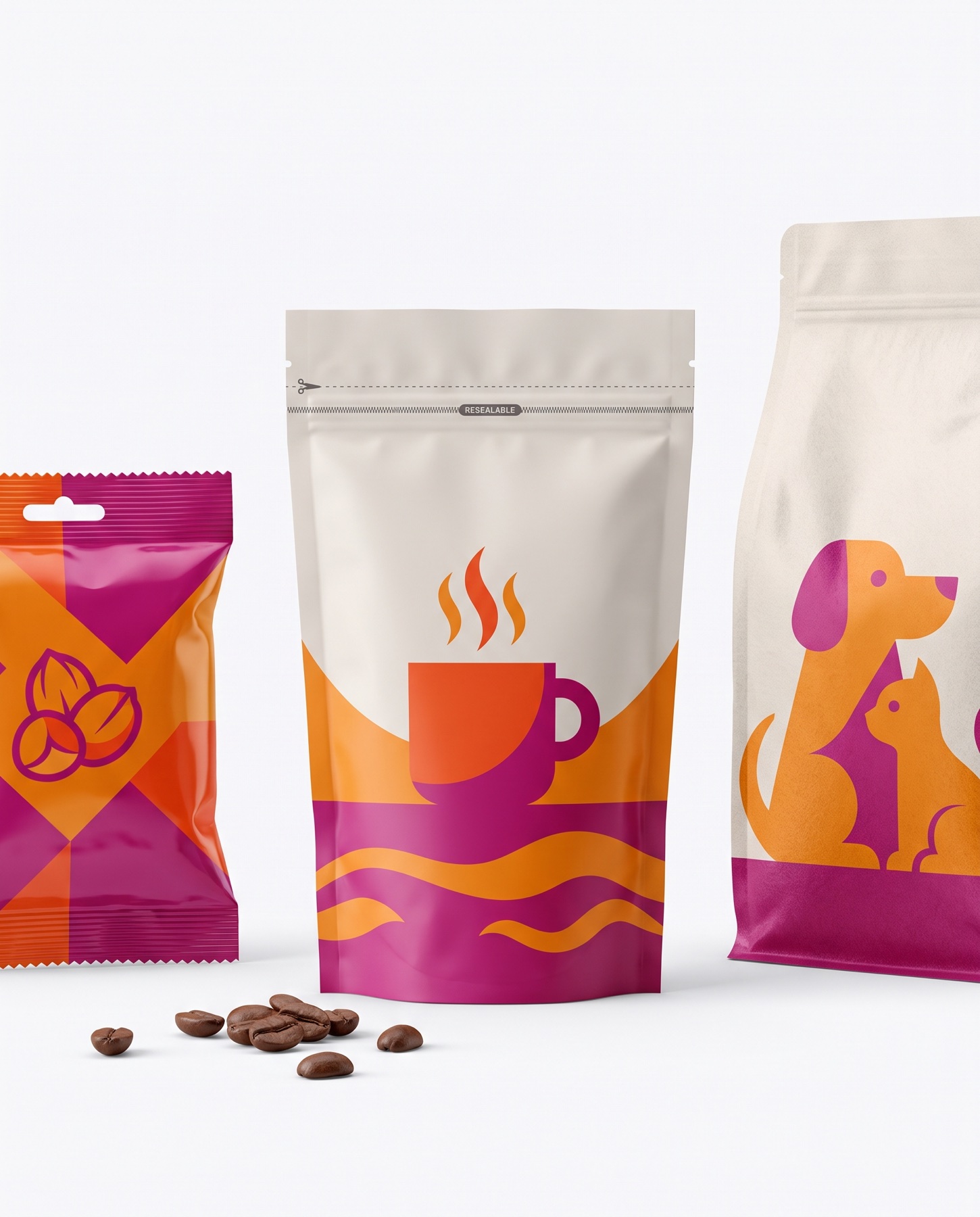 Bolsa doypack de café, flow-pack de snack y bolsa de comida para mascotas